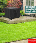 Square 30 Inch Propane Fire Pit Cover Tough As Nails Waterproof 600D Fits 28 To 30 Inch Gas Fire Pit Table All Weather Patio Protection 30 By 30 By 25 Inches covering a fire pit outdoors in rain