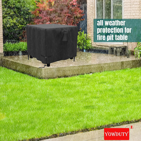 Square 30 Inch Propane Fire Pit Cover Tough As Nails Waterproof 600D Fits 28 To 30 Inch Gas Fire Pit Table All Weather Patio Protection 30 By 30 By 25 Inches covering a fire pit outdoors in rain