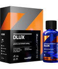 Front view: blue CARPRO CQUARTZ DLUX wheel and trim coating bottle (30 mL) beside orange-gray box