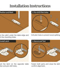 Installation instructions for Rock Solid Brass Table Leaf Locks Pack Of Two Heavy Duty Extension Dining Latches on wooden table.