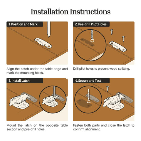 Installation instructions for Rock Solid Brass Table Leaf Locks Pack Of Two Heavy Duty Extension Dining Latches on wooden table.