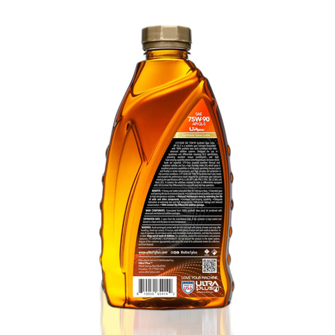 Back view of 1Plus SAE 75W90 Synthetic Gear Oil API GL5 For Transmission And Differential Boss Level Protection bottle