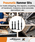 Pneumatic hammer bits for heavy duty air hammer chisel kit shown in various uses for repair, cutting, and demolition