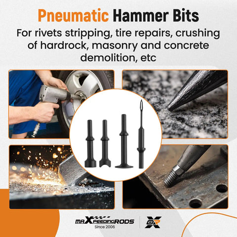 Pneumatic hammer bits for heavy duty air hammer chisel kit shown in various uses for repair, cutting, and demolition