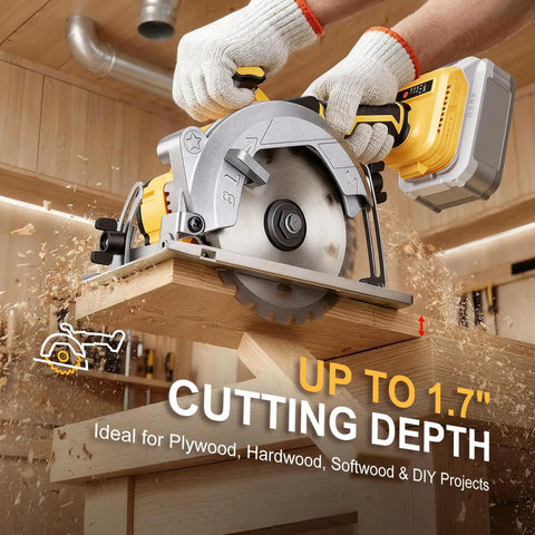 5.5 Inch Cordless Circular Saw Tool Only Compatible With DeWalt 20V Max Batteries cutting through wood, showcasing 1.7" depth capability.