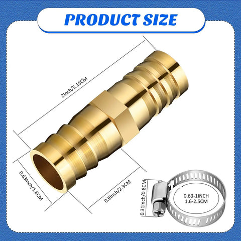 12 Piece Hose Repair Kit With Brass Barb Fittings For 5/8 To 3/4 Inch Hoses, product size shown with clamps