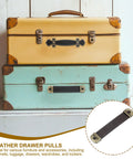Brown PU Leather Drawer Pulls Set Of 6 With Iron Backing Plate on stacked vintage suitcases