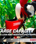 Close-up of Garden Push Seeder Planter With Six Seed Plates For Up To Twenty Seed Varieties Zinc Plow Blade Row Marker Powder Coated Steel Frame in red, showing 1.5 liter hopper being filled.
