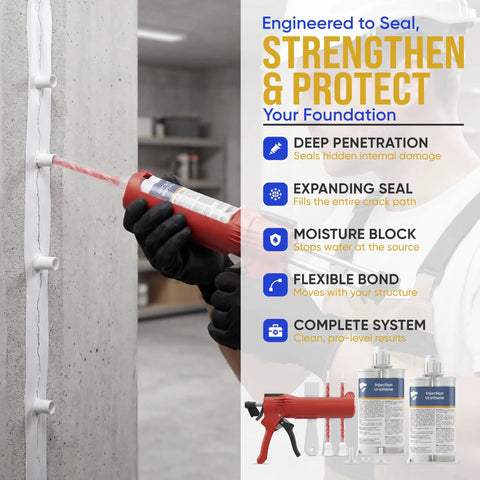 Concrete Crack Repair Kit With All Tools And Urethane Injection System For DIY Projects in use sealing wall cracks