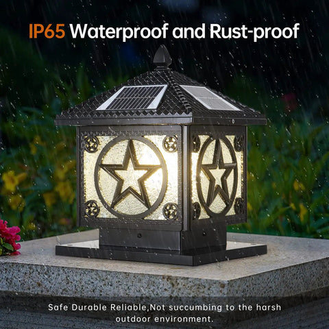 Outdoor Solar Post Light With Glass Lampshade Waterproof Pillar Lamp for fence and gate, aluminum column, lit in rain.