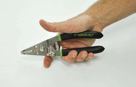 Pro Stainless Wire Stripper Cutter And Crimper Curve 6-14 AWG Solid And 8-14 AWG Stranded tool in hand