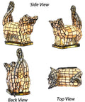 Four views of Two Cats In Love Tiffany Style Stained Glass Accent Table Lamp with warm LED tail lights, handcrafted look.
