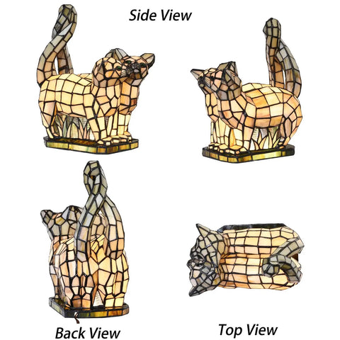 Four views of Two Cats In Love Tiffany Style Stained Glass Accent Table Lamp with warm LED tail lights, handcrafted look.