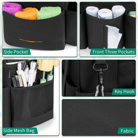 Wearable Cleaning Caddy Bag Pro Grade With Adjustable Shoulder Strap showing side pockets, mesh bag, and key hook