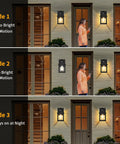 Rock Solid Outdoor Solar Sconce Lights Featuring Integrated Panels For Instant Front Porch Glow And Zero Wiring Hassle Free Weather Resistant Wall Mount Fixtures displaying three operating modes with a woman by the door.