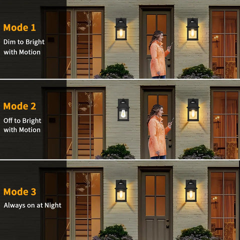 Rock Solid Outdoor Solar Sconce Lights Featuring Integrated Panels For Instant Front Porch Glow And Zero Wiring Hassle Free Weather Resistant Wall Mount Fixtures displaying three operating modes with a woman by the door.