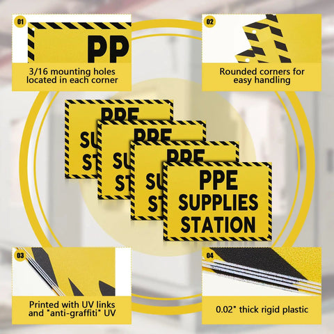 4 Pack PPE Supplies Station Sign 10 By 7 Inches Plastic Sign For Workplace With Mounting Holes Indoor Outdoor Construction Yellow With Black Prints Durable PVC