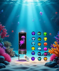 Large Round LED Jellyfish Lamp With 18 Color Changing LEDs in an underwater scene with colorful corals and remote control