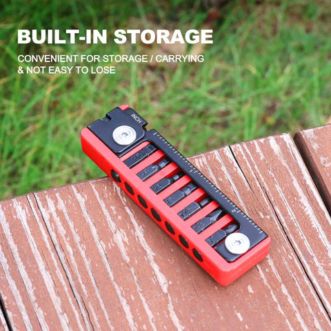 7 In 1 Bike Multitool With Hex Wrenches And Screwdrivers, Ruler, Joint Levers, And Key Ring on wooden surface, built-in storage