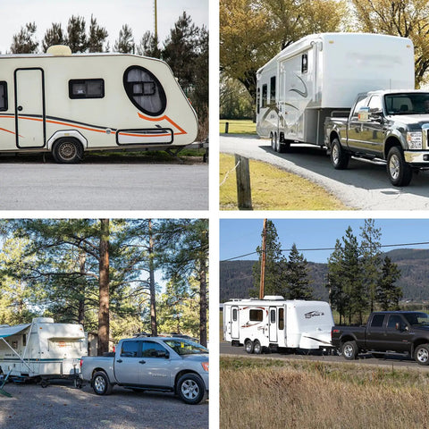 Various vehicles towing trailers using 8 Foot 7 Way Trailer Cord With Waterproof Junction Box Kit Including 12V Breakaway Switch And Plug Holder.