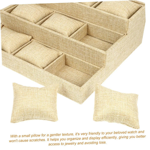 Slick Linen Watch Organizer Tray With Nine Generous Grids For Snagging And Showcasing Your Favorite Timepieces Plus Luxury Jewelry Collection Top Shelf Desk Storage Solution with pillows.