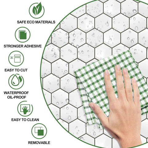 Hand wiping Hexagon Peel And Stick Tile Backsplash 12x12 Inch 3D Realistic Look Self Adhesive Kitchen Wall Bathroom Laundry Room 40 Percent More Coverage Easy Update With PVC And PU Glue with wet cloth, showing waterproof feature.