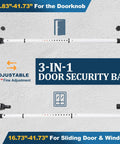 Three In One Door Security Bar With Heavy Duty Metal, Adjustable From Sixteen To Forty One Point Seven Inches, Sliding Patio Door Lock Stick With Two Point Eight Inch Non Slip Base, Portable Home, Apartment And Travel Safety Lock For Doors And Windows, shown in different positions.