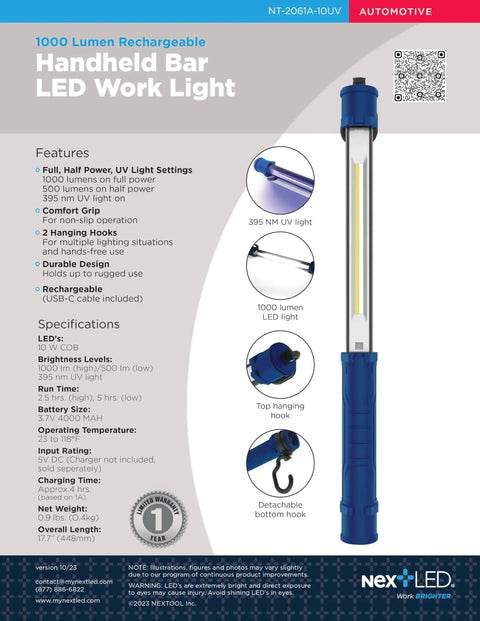 Rechargeable Portable COB LED And UV Work Light With 1000 Lumens USB C Cordless Drop Light 360 Degree Swivel Hooks