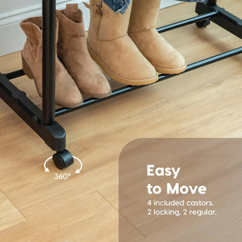 Heavy Duty Double Rod Clothes Rack With Smooth Rolling Lockable Wheels And Height Adjustable Extendable Bar Dead Simple Setup Portable Wardrobe Stand For Coats Dresses Pants Belts Shoes Hang Whatever You Need No Sweat