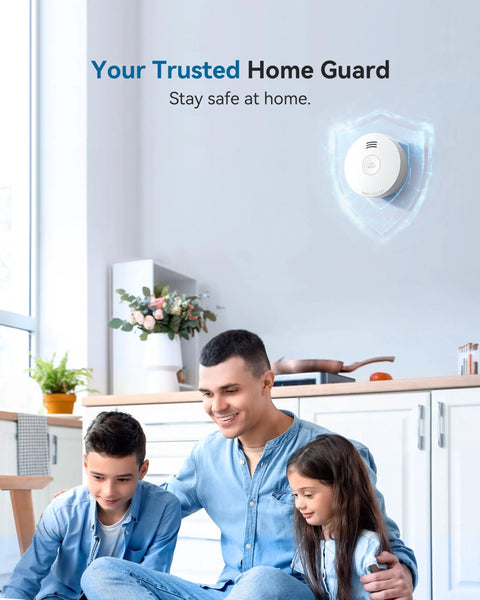 Must Have 10 Year Battery Smoke Alarm With Photoelectric Sensor For Home And Bedroom UL217 Listed Fire Safety Alarm With Low Battery And Fault Warning GS525A 6 Pack mounted on wall in a home with family