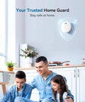Photoelectric Smoke Detector With 10 Year Sealed Battery And Low Power Alert UL Certified For Home Bedroom 12 Pack mounted on wall with family sitting together.