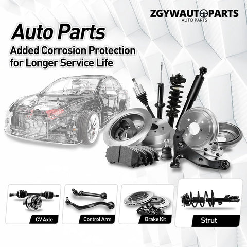 Collage of auto parts including CV axle, brake kit, control arm, and strut with added corrosion protection for longer service life.