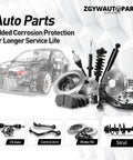 Auto parts including brake kit, struts, and control arm displayed with translucent car model and corrosion protection text