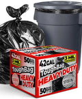 Heavy Duty 42 Gallon Trash Bags 3 Mil Thick Black Contractor Garbage Liners 50 Count in box with black trash bag and gray bin.