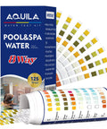 Eight Way Salt Water Pool Test Strips Kit For Pool And Spa Water, 125 Count, label shows tests for PH, alkalinity, hardness, chlorine levels.