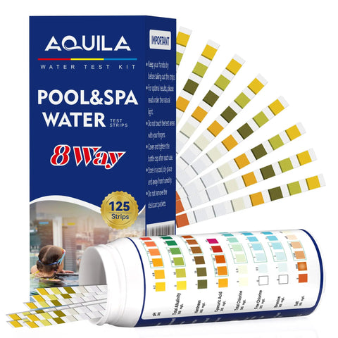 Eight Way Salt Water Pool Test Strips Kit For Pool And Spa Water, 125 Count, label shows tests for PH, alkalinity, hardness, chlorine levels.