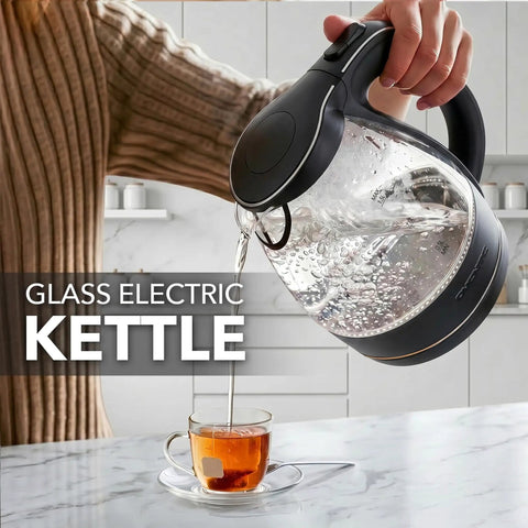 1.5L Borosilicate Glass Electric Kettle With Auto Shut Off, Boil Dry Protection pouring water into cup on countertop