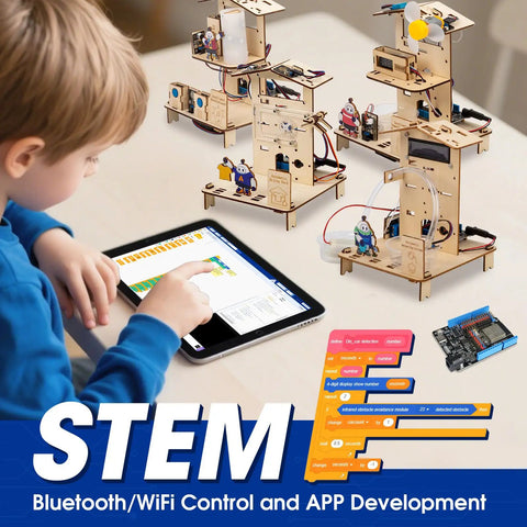 Eight In One STEM Kit For Kids Aged 8 To 16 With ESP32 Smart Home Projects Hands On Coding And Engineering Fun School Crafts DIY Model Building Toys Educational Tech Toys For Birthday And Gift Giving, child using tablet