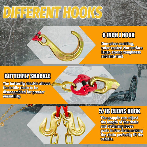 Image showing Heavy Duty Grade 80 V Bridle Towing Chain 5/16 Inch, 3 Feet With 8 Inch Hooks, featuring various hook types and shackle details.