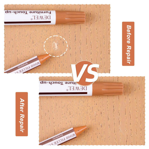 No Sweat Scratch Fix Kit 18 Color Wood Markers Plus Fillers For Furniture Laminate Hardwood Floors Cabinets Doors Quick Stain Match visible before and after repair on wood.