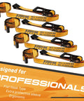 4 Pack Heavy Duty 2 Inch By 27 Foot Ratchet Tie Down Straps With Flat Hooks For Truck And Trailer Cargo Control 10000 Lbs Break Strength Durable Webbing With Double Layer Loops To Reduce Friction in orange with branding visible.