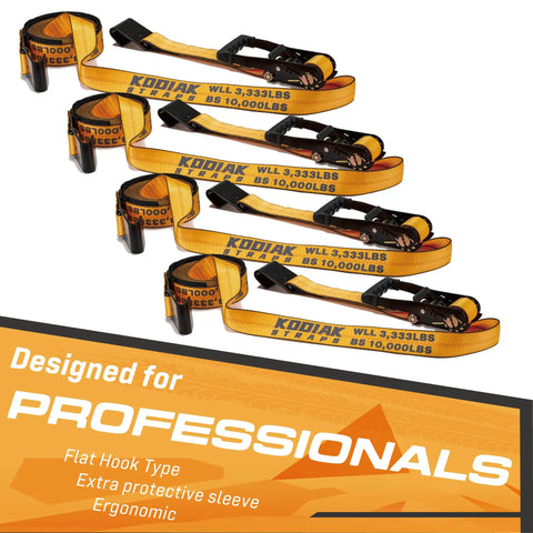 4 Pack Heavy Duty 2 Inch By 27 Foot Ratchet Tie Down Straps With Flat Hooks For Truck And Trailer Cargo Control 10000 Lbs Break Strength Durable Webbing With Double Layer Loops To Reduce Friction in orange with branding visible.