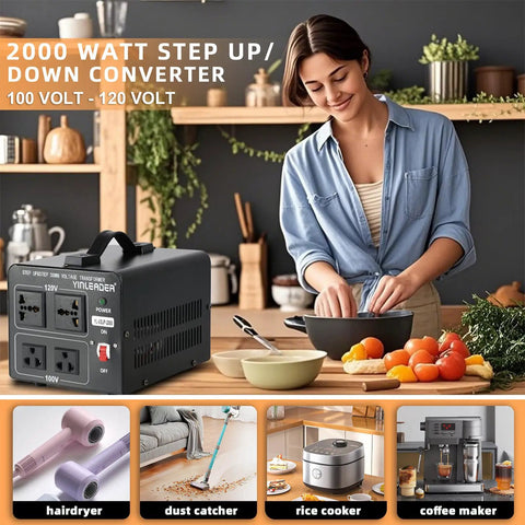 Woman using 2000W Voltage Transformer 120V To 100V And 100V To 120V Step Up Down Power Converter For Japanese High Power Gear In The US in kitchen