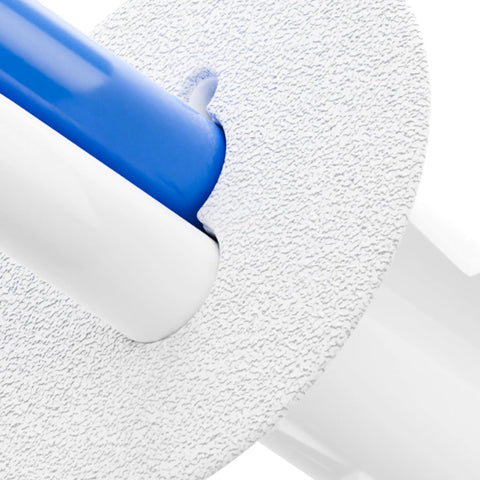 Close-up of dual feed-through bushing for RG6 coax, white outer ring with blue insert, 10-pack