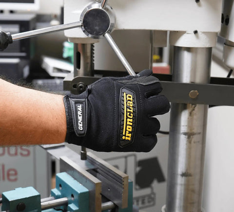 General Utility Spandex Work Gloves Black Large Pair With Padded Palm Rubberized Knuckle Protection And Double Stitched Reinforcements For Construction Shop Work Equipment Operation And Rigging
