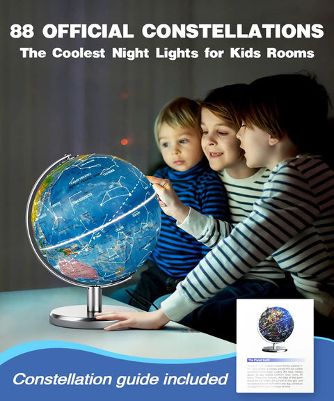 Children engaged with Illuminated 8 Inch World Globe With Constellation Night Light, educational desk globe for learning.