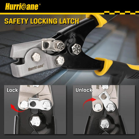 Hurricane Snap Lock Punch Tool with yellow/black handle and silver head for gutter end cap crimping (front view)
