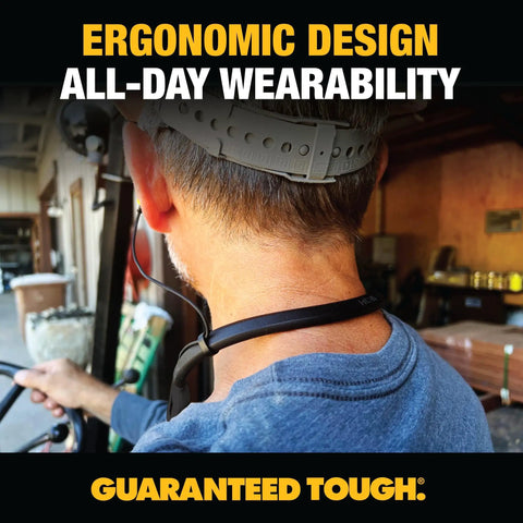 Man wearing Rugged 2In1 Neckband Bluetooth Headphones With Built In Speakers For Worksites And Outdoors Wearable Around The Neck