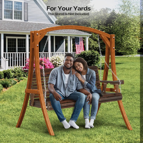Couple sitting on oversized wooden porch swing bench with cup holders and phone slots, heavy duty 880 pounds, 5 foot