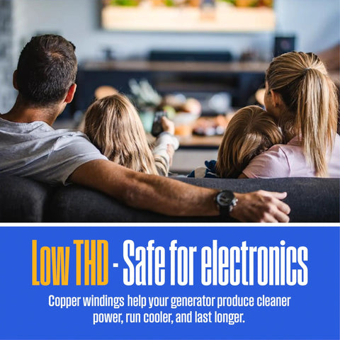 Family watching TV illustrating benefits of Dual Fuel Home Backup Generator With Remote Start, Transfer Switch Ready, Gas Or Propane Power, CO Sensor, 18000 Peak Watts, 14500 Running Watts, Your Go To Portable Power For Homes And Worksites.